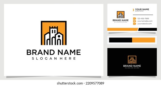 Square castle logo design concept with business card