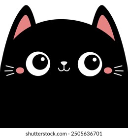 Square cat kitten face head silhouette. Black color. Cute cartoon funny character. Kawaii pet animal. Pink nose, ears, tongue. Childish style. Sticker print. Flat design. White background. Vector