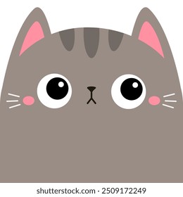 Square cat kitten face head silhouette. Gray color. Cute cartoon funny character. Kawaii pet animal. Pink nose, ears, tongue. Childish style. Sticker print. Flat design. White background. Vector