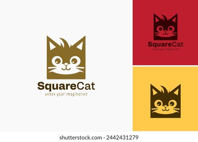 Square Cat logo design template Cat smiling with a content expression, perfect for pet blogs, greeting cards, and social media posts to spread positivity and joy.