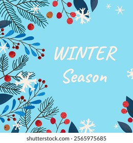 Square celebration card with winter plants and snow on blue background. Hand drawn branches and berries decorated different textures. Template for background, poster, social media, cover, label.