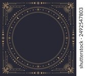 Square celestial frame with borders of mystic gold moon and stars, vector tarot cards, astrology and witchcraft. Golden line boho ornament frame with fantasy constellations, sun and eclipse borders