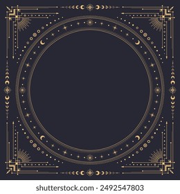 Square celestial frame with borders of mystic gold moon and stars, vector tarot cards, astrology and witchcraft. Golden line boho ornament frame with fantasy constellations, sun and eclipse borders