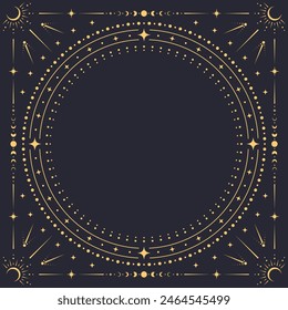 Square celestial frame. Vector ornate background with concentric golden circle border adorned with stars, moons, suns and dotted boho patterns. Ethereal, cosmic, astrology and esoteric space frame