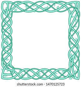 Square celtic frame with green ivy leaves.