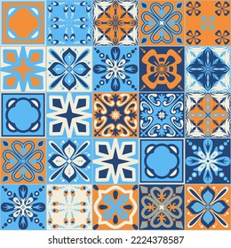 Square ceramic tile design vector illustration, trendy blue orange color mediterranean style