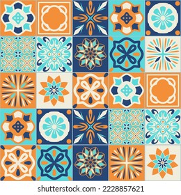 Square ceramic tile design vector illustration, trendy azure blue orange color in spanish portuguese style, seamless pattern