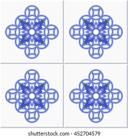Square ceramic tiles background. Seamless chain pattern with flower decoration. Abstract Geometric Background. Portugal azulejos inspired print. Vector Illustration.