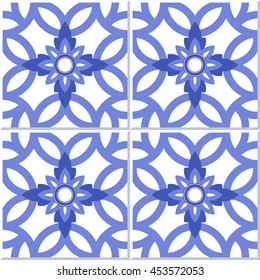 Square ceramic tiles background. Seamless chain pattern with flower decoration. Abstract Geometric Background. Portugal azulejos inspired print. Vector Illustration.