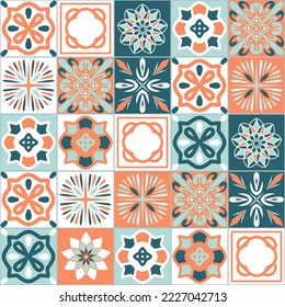 Square ceramic tiles blue orange pastel color, mediterranean style interior design vector Illustration
