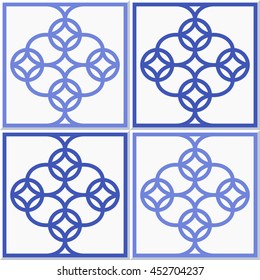 Square ceramic tiles blue and white background. Seamless circle pattern. Arabic architecture inspired print. Abstract Geometric Background. Vector Illustration.