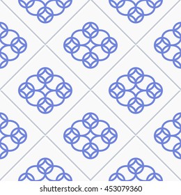 Square ceramic tiles blue and white background. Seamless circle pattern. Abstract Geometric Background. Vector Illustration.