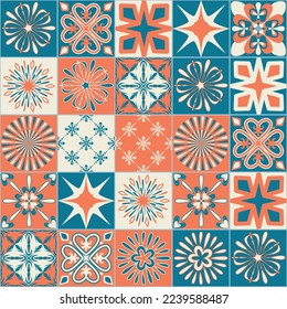 Baldosas de cerámica cuadrada de estilo mediterráneo, ilustración de patrón azul naranja para el diseño
