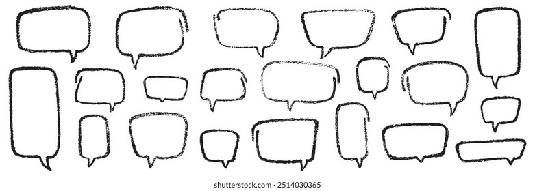 Square chalk, crayon hand drawing speech bubble set. Vector stock grunge texture illustration on white background for design template business presentation, school education. EPS 10