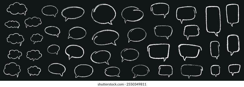 Square chalk, crayon hand drawing speech bubble set. Vector stock grunge texture illustration on black chalkboard background for design template business presentation, school education. EPS 10