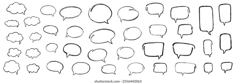 Square chalk, crayon hand drawing speech bubble set. Vector stock grunge texture illustration on white chalkboard background for design template business presentation, school education. EPS 10