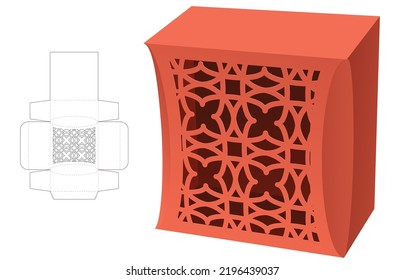 Square chamfered box with stenciled luxury window die cut template and 3D mockup