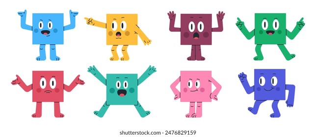 Square characters. Funny geometric cute square mascot, comic square shapes with various emotions flat vector illustration set. Square mascots with funny face