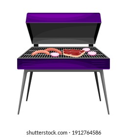 Square Charcoal Barbecue Grill with Metal Grid for Cooking Food and Lid Vector Illustration