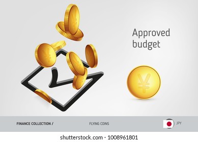 Square check mark icon with flying Japanese Yen coins, finance concept. Vector illustration for print, websites, web design, mobile app, infographics.