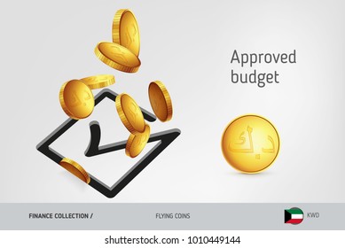 Square check mark icon with flying Kuwaiti Dinar coins, finance concept. Vector illustration for print, websites, web design, mobile app, infographics.