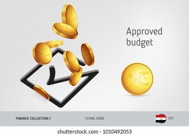 Square check mark icon with flying Egyptian Pound coins, finance concept. Vector illustration for print, websites, web design, mobile app, infographics.