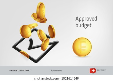 Square check mark icon with flying Swiss Franc coins, finance concept. Vector illustration for print, websites, web design, mobile app, infographics.