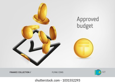 Square check mark icon with flying Kazakhstani Tenge coins, finance concept. Vector illustration for print, websites, web design, mobile app, infographics.