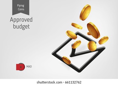 Square check mark icon with flying Moroccan Dirham coins, finance concept.
