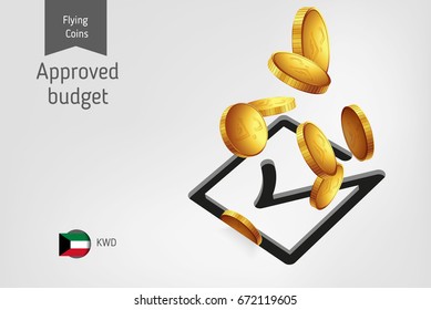 Square check mark icon with flying Kuwaiti Dinar coins, finance concept.