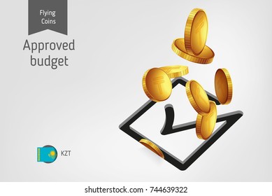 Square check mark icon with flying Kazakhstani tenge coins, finance concept. Vector illustration for print, websites, web design, mobile app, infographics.