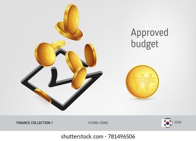 Square check mark icon with flying South Korean Won coins, finance concept. Vector illustration for print, websites, web design, mobile app, infographics.