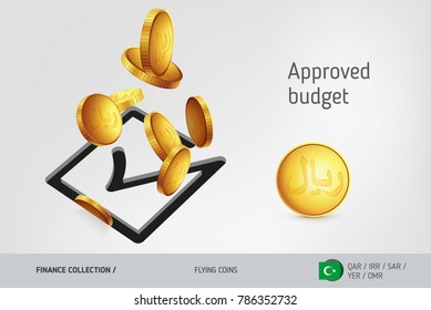 Square check mark icon with flying Islamic Rial coins, finance concept. Vector illustration for print, websites, web design, mobile app, infographics.