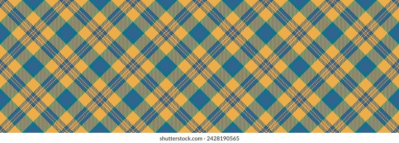 Square check seamless background, proud plaid textile tartan. Ornament fabric vector texture pattern in cyan and amber color.