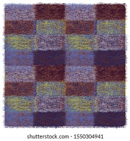 Square checkered plaid with grunge weave elements in blue, brown, yellow colors 