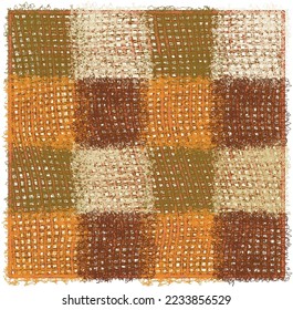 Square  checkered weave  fluffy carpet, mat, plaid, rug in brown, green, orange , beige colors isolated on white bacgroun