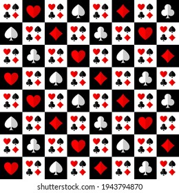 Square chess poker seamless pattern with card suits: clubs, hearts, diamonds, spades.