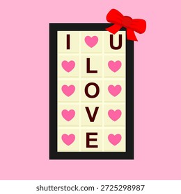 Quadratische Schokolade Geschenkbox mit rotem Band, ich liebe Sie Text, und rosa Herz Dekoration, süße Valentine Geschenkkonzept, flache Kunst Design-Stil.
