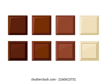 Square chocolate piece vector icon set. Delicious yummy dark, bitter, milky and white choco chunk snack collection. Flat design cartoon style brown cacao sweet food morsel clip art illustration.