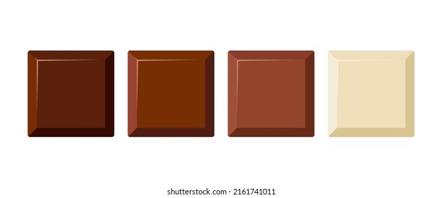 Square chocolate piece vector icon set. Yummy dark black, bitter, milky and white choco chunk snack. Flat design cartoon style cacao sweet food morsel clip art illustration.