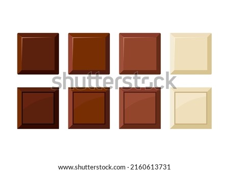 Square chocolate piece vector icon set. Delicious yummy dark, bitter, milky and white choco chunk snack collection. Flat design cartoon style brown cacao sweet food morsel clip art illustration.