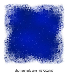 Square Christmas background dark blue color with openwork snowflakes border and place for text. Vector illustration.