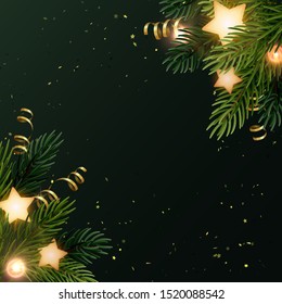 Square Christmas background design with fir branches, glowing stars, gold serpentines and luminous light bulbs. Dark gray backdrop with space for text. Vector flyer or banner template.