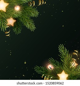Square Christmas background design with fir branches, glowing stars, gold serpentines and luminous light bulbs. Dark gray backdrop with space for text. Vector flyer or banner template.