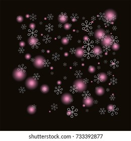 Square Christmas background with random scatter falling silver snowflakes and pink blurred lights isolated on black