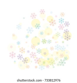 Square Christmas background with random scatter falling colorful snowflakes and yellow polka dots isolated on white.