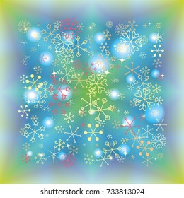 Square Christmas background with random scatter falling colorful snowflakes and bright lights and sparkles on a blue and green background.