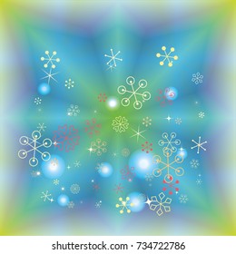Square Christmas background with random scatter falling colorful snowflakes and bright lights and sparkles on a blue and green background.
