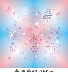 Square Christmas background with random scatter falling colorful snowflakes, bright lights and sparkles on a blue and pink blurred background