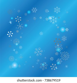 Square Christmas background with random scatter falling silver snowflakes, blue blurred lights and sparkles on a blue background